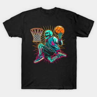 Swoosh!  College Ballin' Skeleton Slams Dunk - Neon Hoops Champion Tee T-Shirt